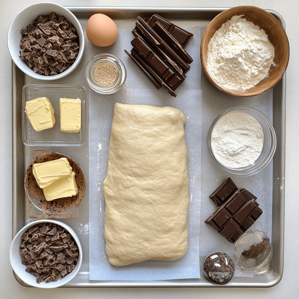 ingredients for chocolate croissants including butter flour yeast milk eggs and chopped chocolate