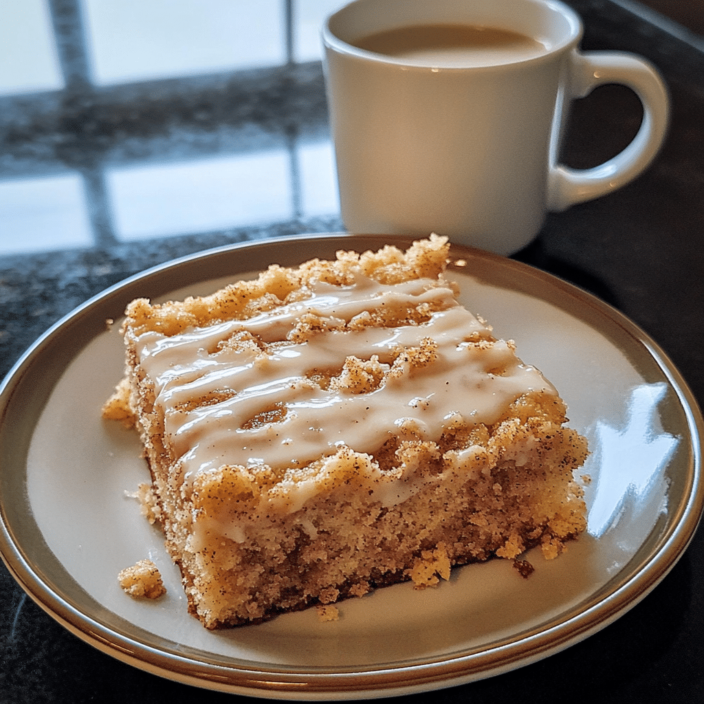 slice of coffee cake with cinnamon crumb topping and glaze on a plate with coffee