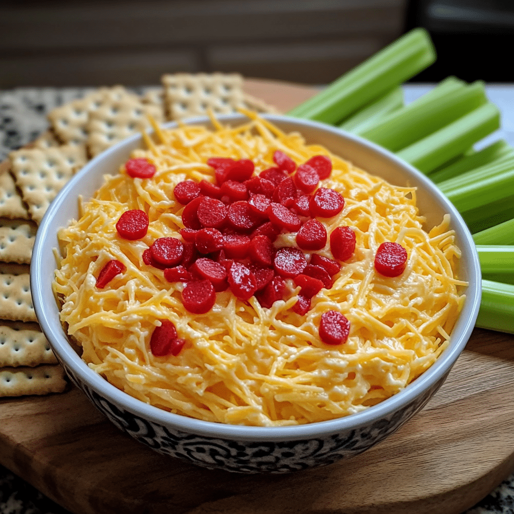 bowl of pimento cheese with crackers and celery sticks
