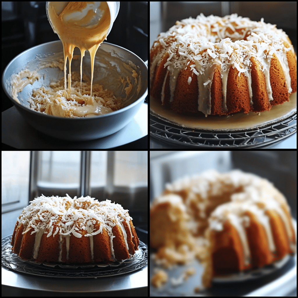 Four-panel collage showing the process of making coconut bundt cake from batter to finished cake