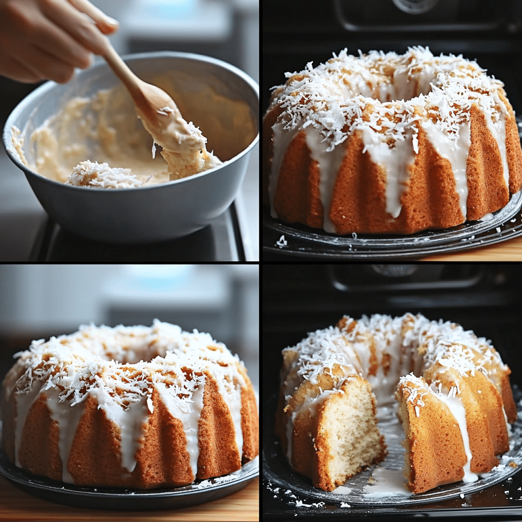 Four-panel collage showing the process of making coconut bundt cake from batter to finished cake