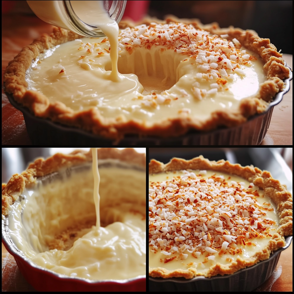 Four-panel collage showing the steps of making coconut custard pie