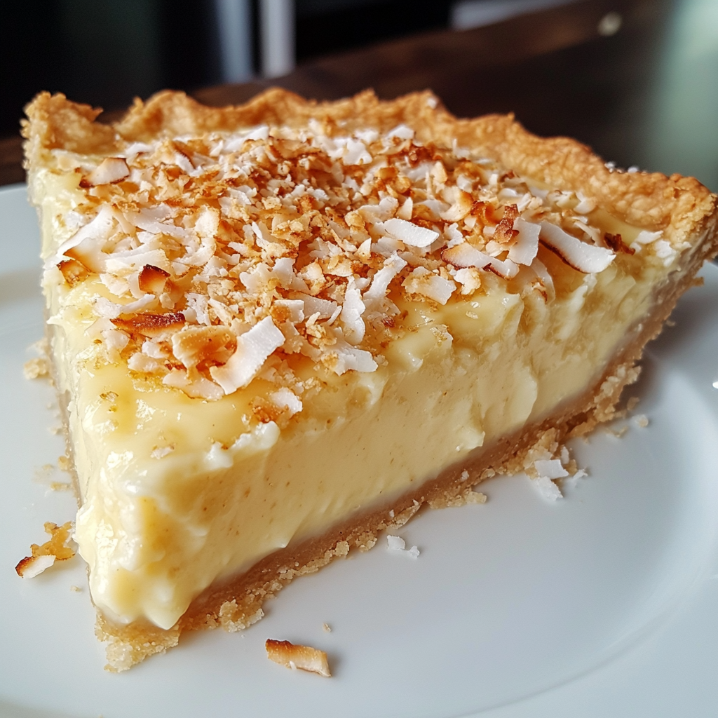 Close-up of a slice of coconut custard pie with a golden crust and creamy coconut filling