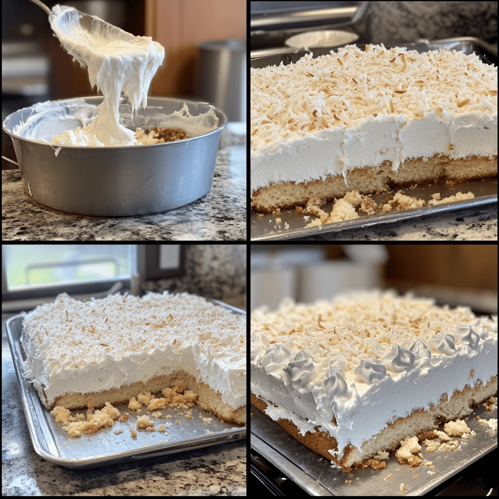 Four-panel collage of coconut sheet cake from batter to finished product
