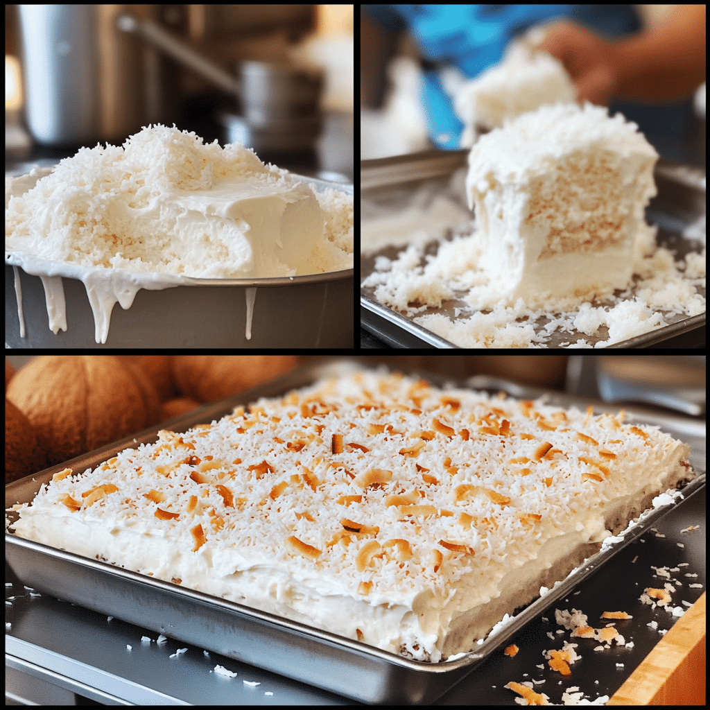 Four-panel collage of coconut sheet cake from batter to frosting