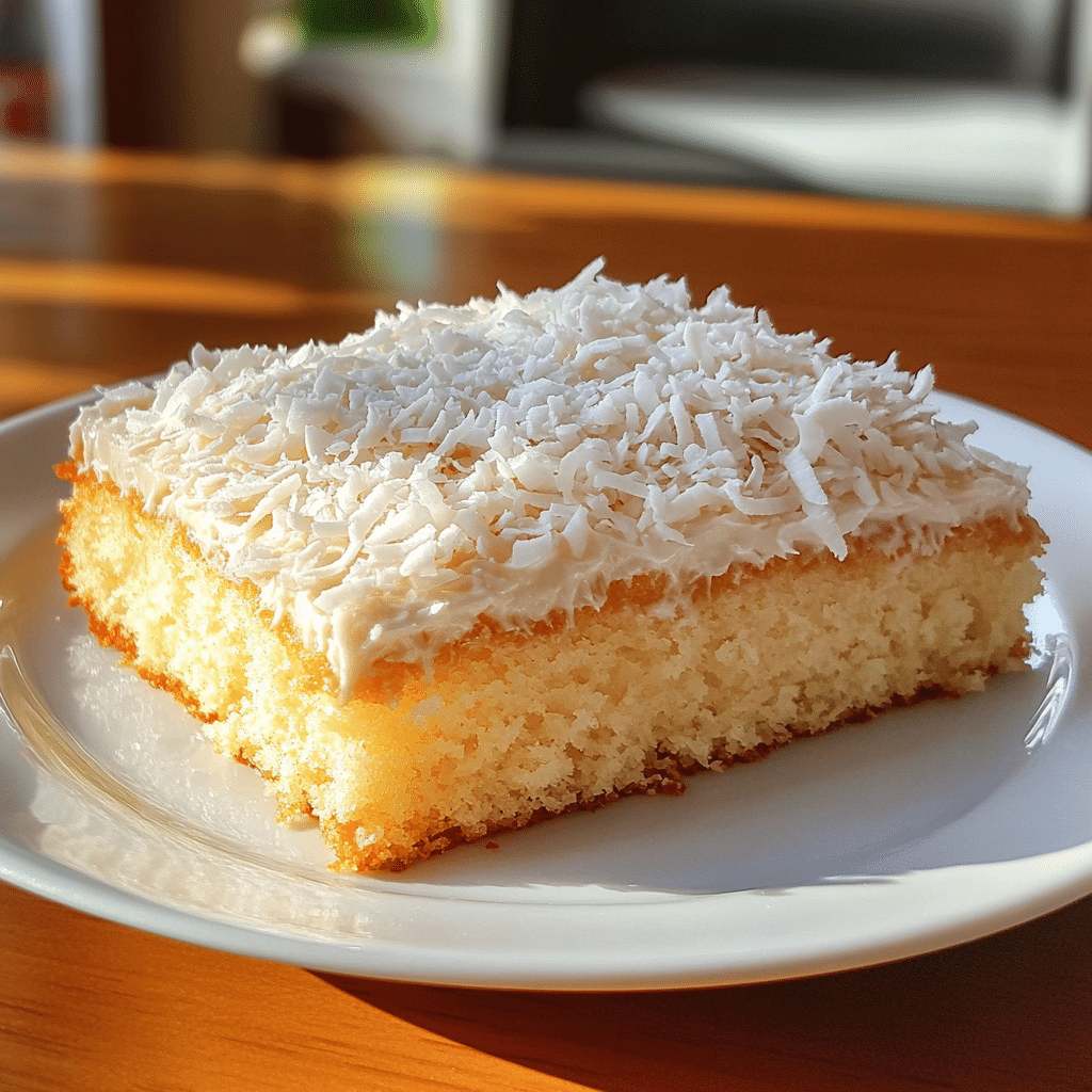 Close-up of a coconut sheet cake with coconut frosting and shredded coconut topping