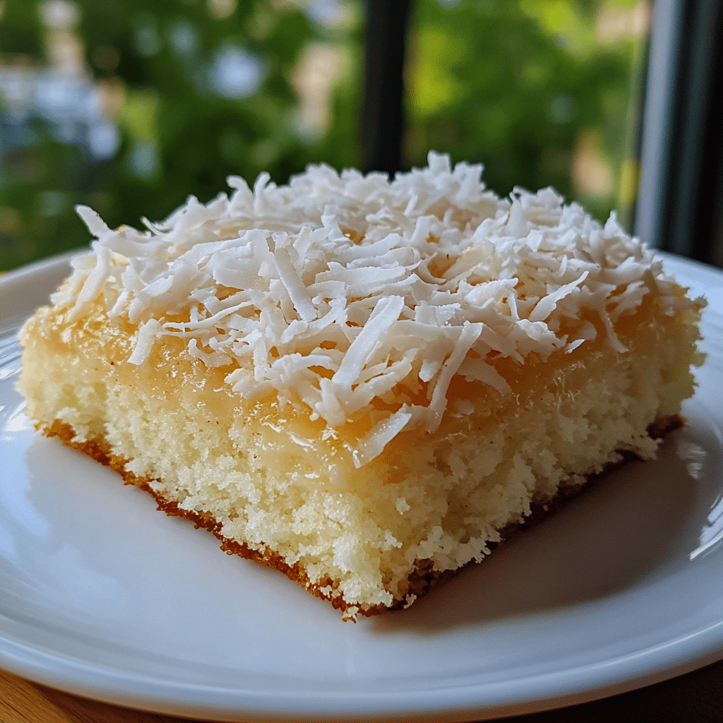Close-up of a coconut sheet cake with coconut frosting and shredded coconut topping