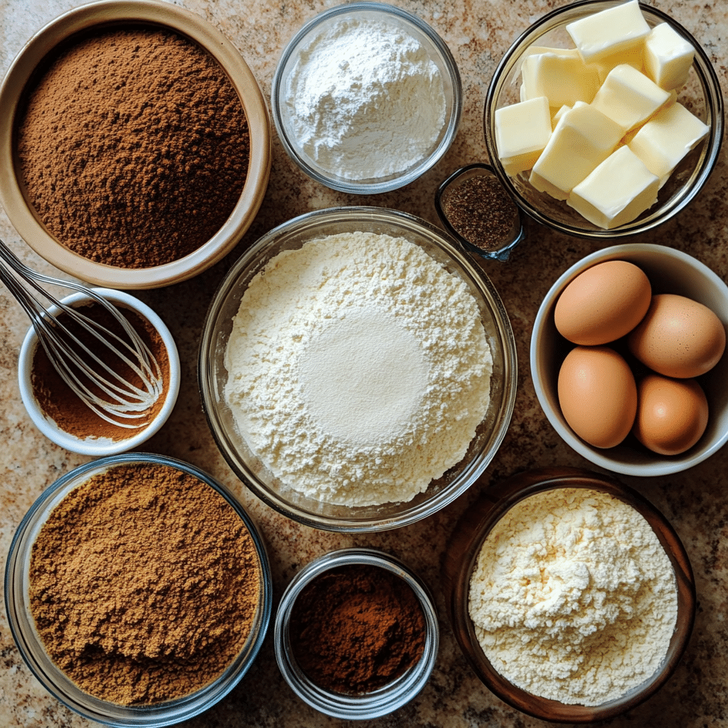 ingredients for coffee cake including flour sugar butter eggs sour cream cinnamon and baking powder