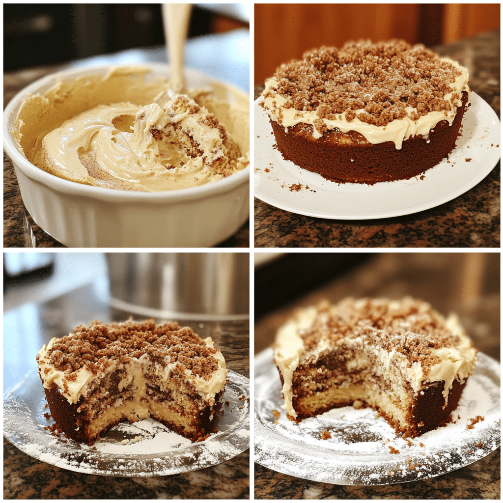 four panel collage showing steps to make cinnamon crumb coffee cake