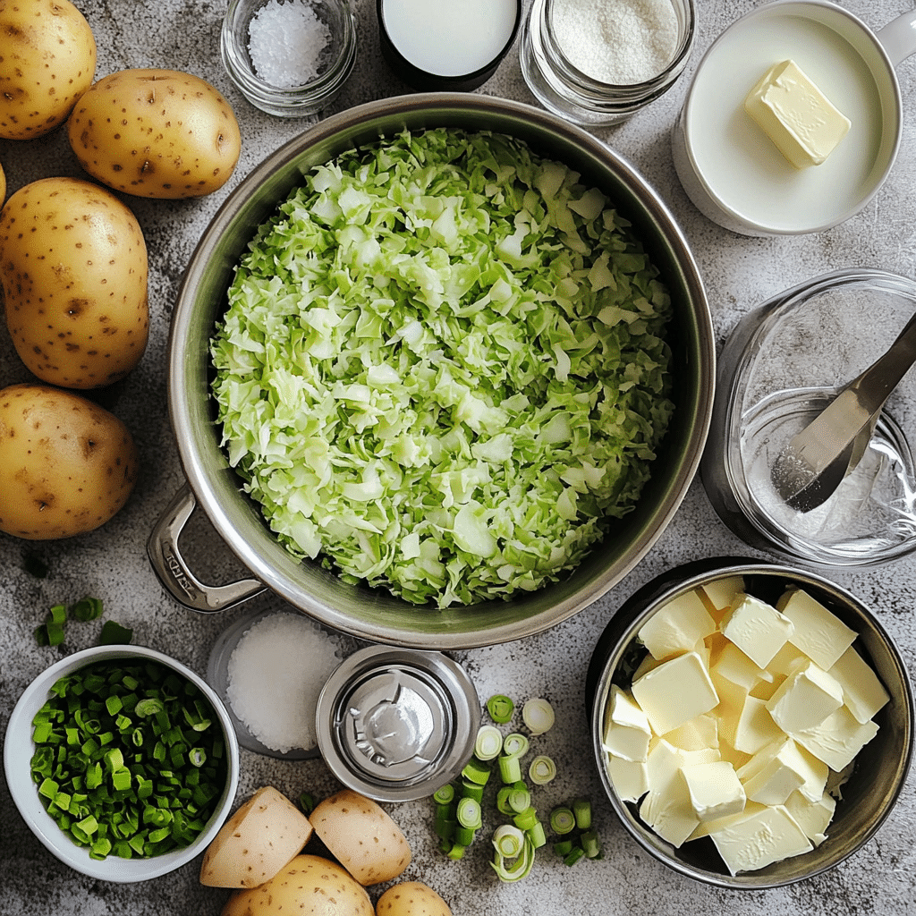 ingredients for colcannon including potatoes cabbage green onions butter milk salt and pepper