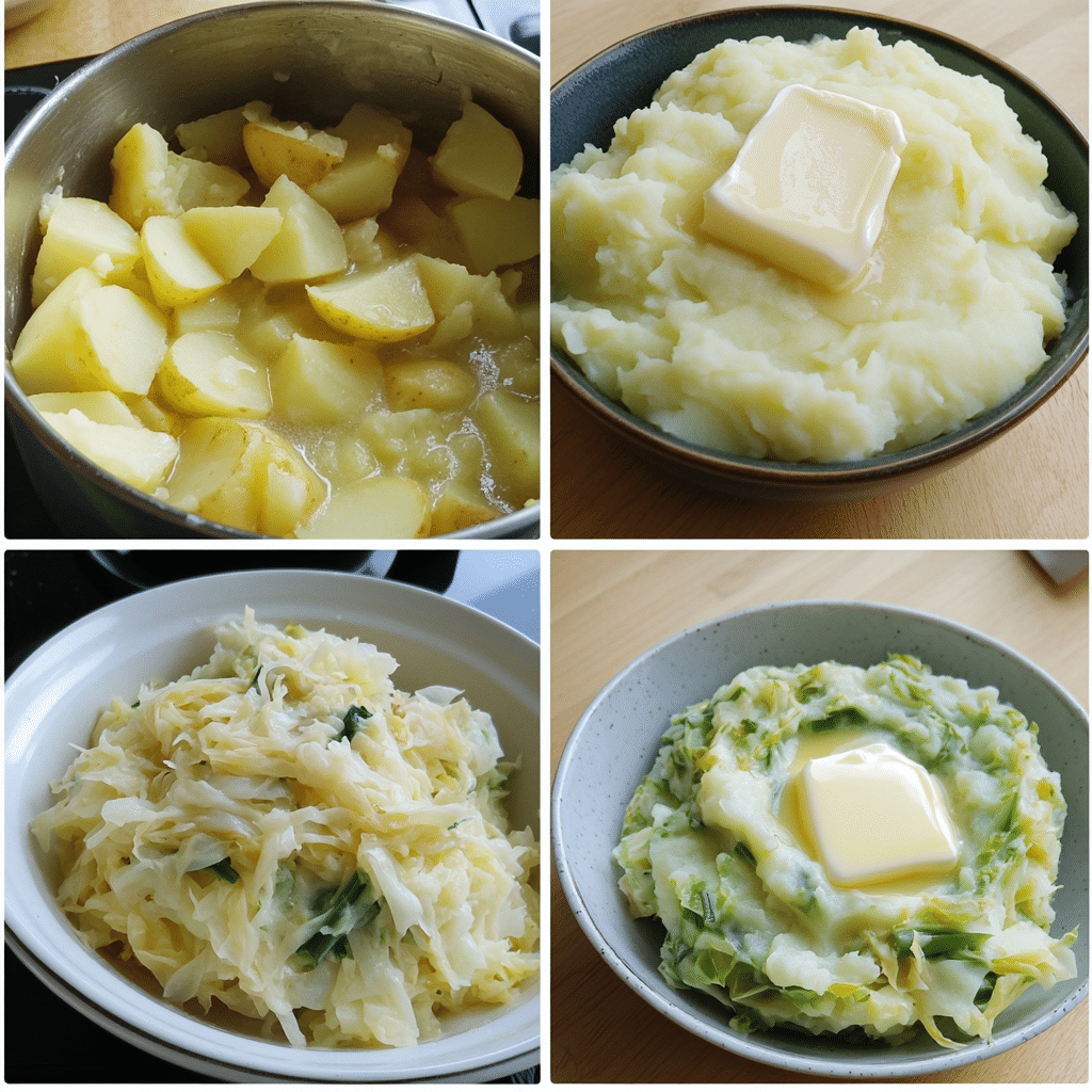 four panel collage showing steps to make colcannon