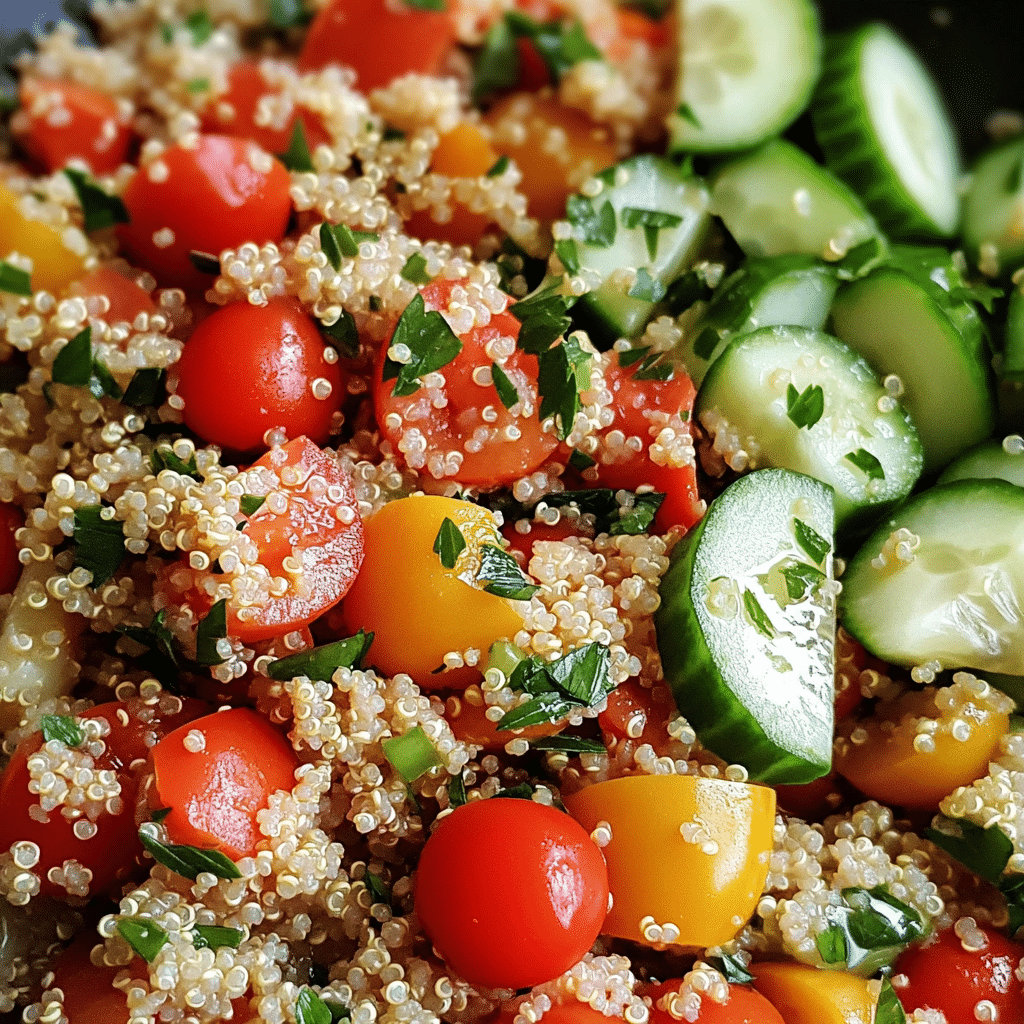 Quinoa salad with cherry tomatoes, cucumbers, bell peppers, and fresh herbs