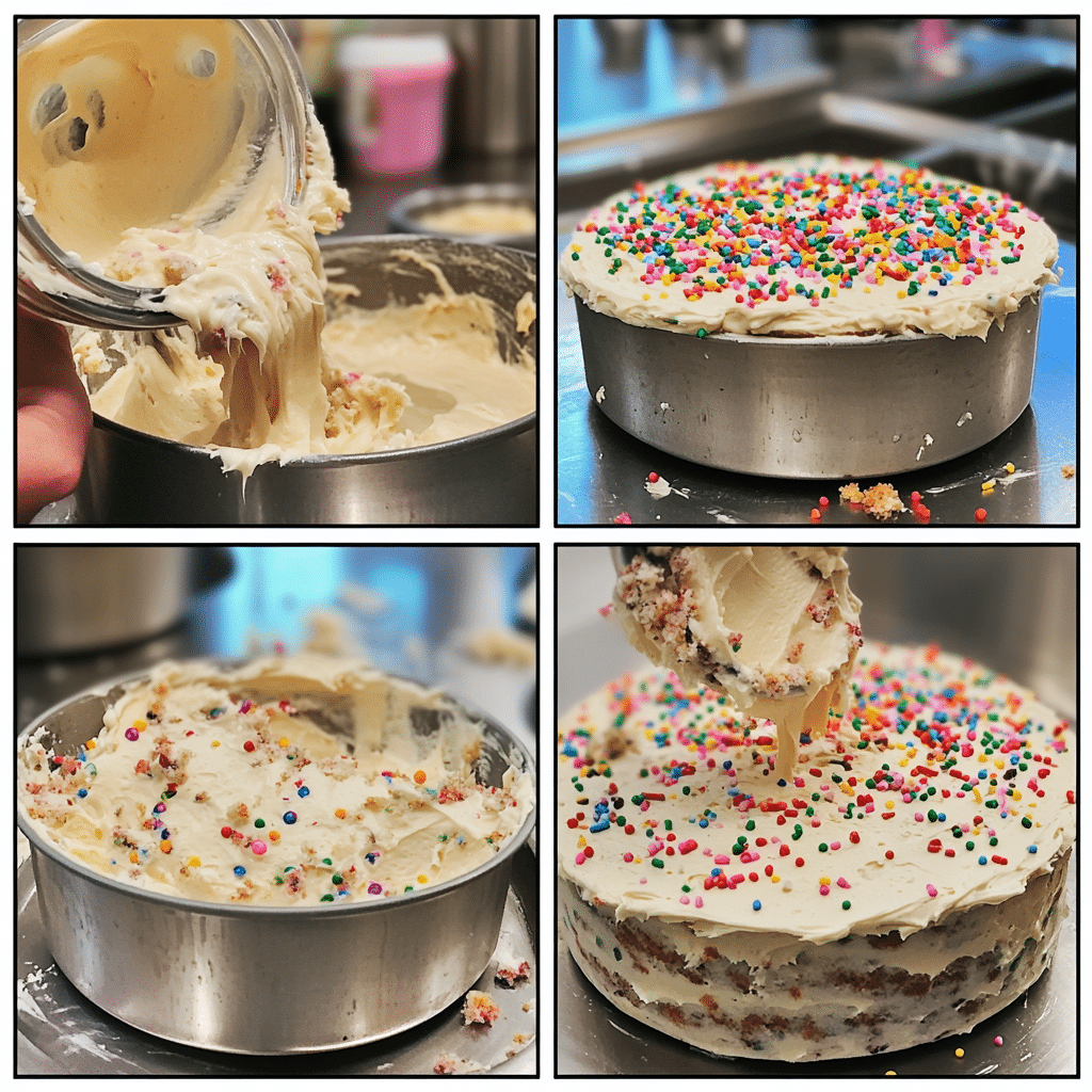Four-panel collage showing the process of making confetti cake