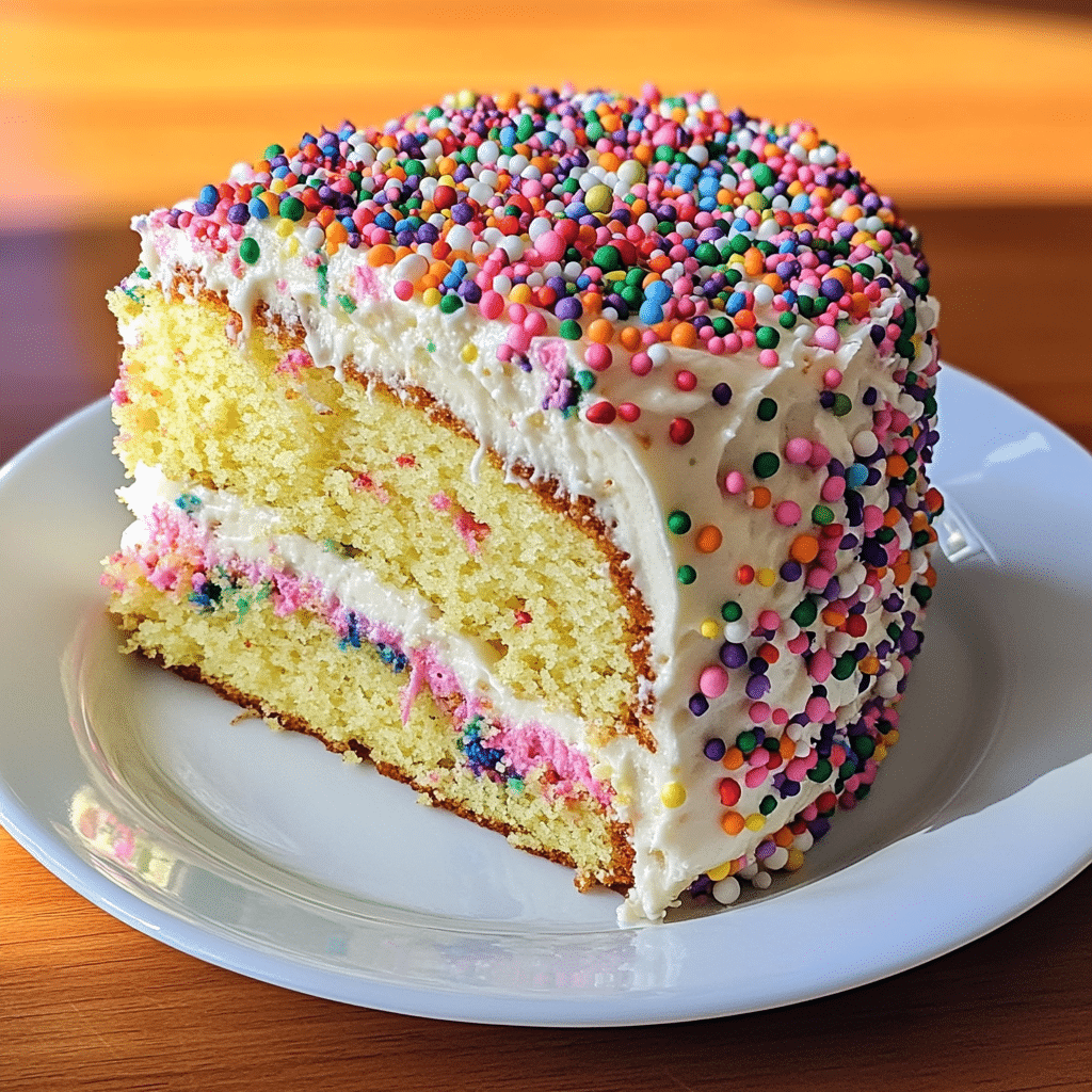 Close-up of confetti cake with sprinkles inside and frosting topped with rainbow sprinkles