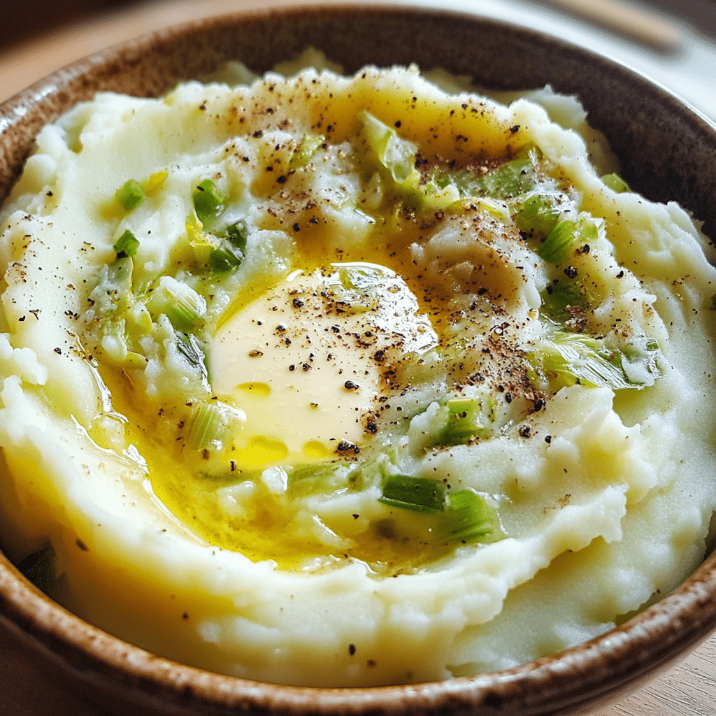 bowl of colcannon mashed potatoes with cabbage and green onions