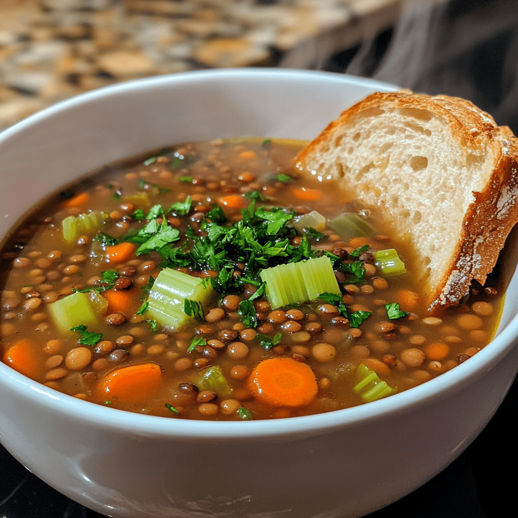 bowl of lentil soup with carrots celery and parsley