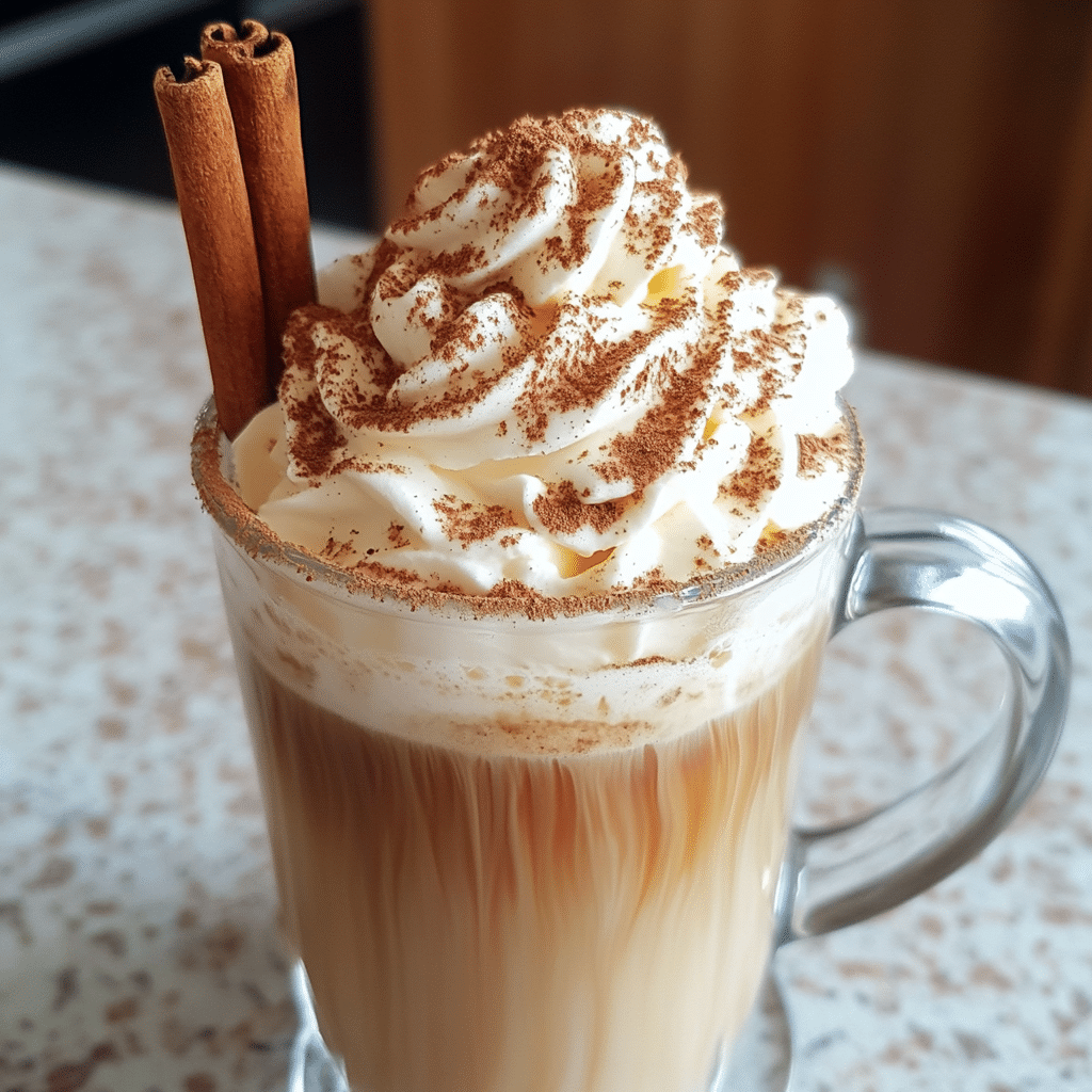 hot coffee drink with whipped cream and cocoa in a glass mug