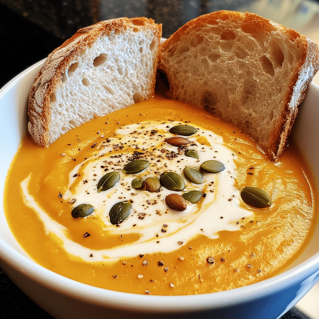 Butternut squash soup with cream swirl and toasted seeds
