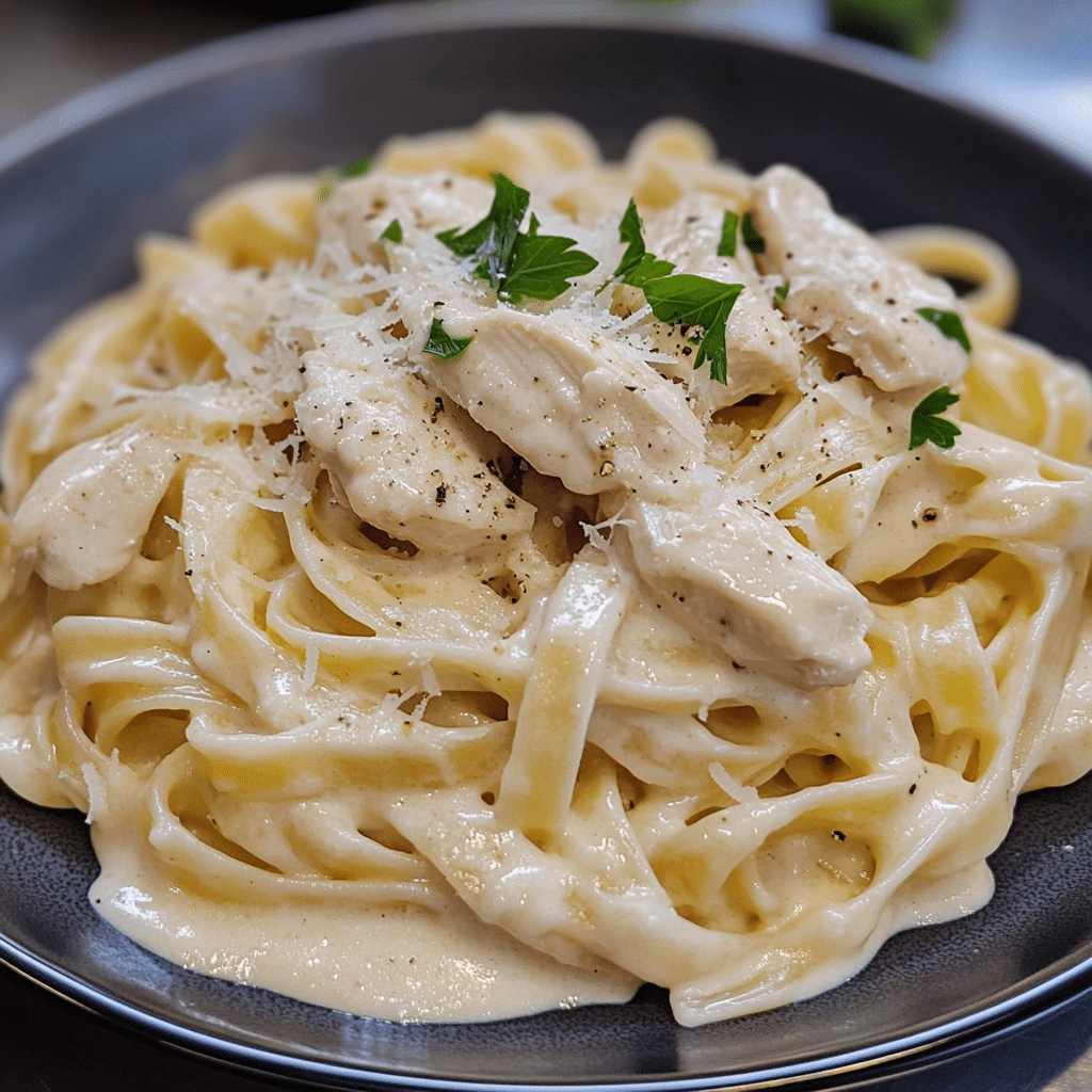 Chicken alfredo pasta with creamy sauce and Parmesan cheese