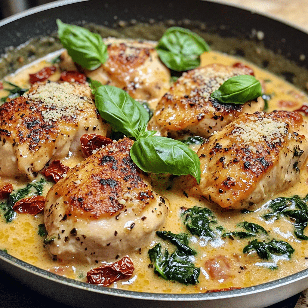 creamy marry me chicken in a skillet with sun dried tomatoes and spinach