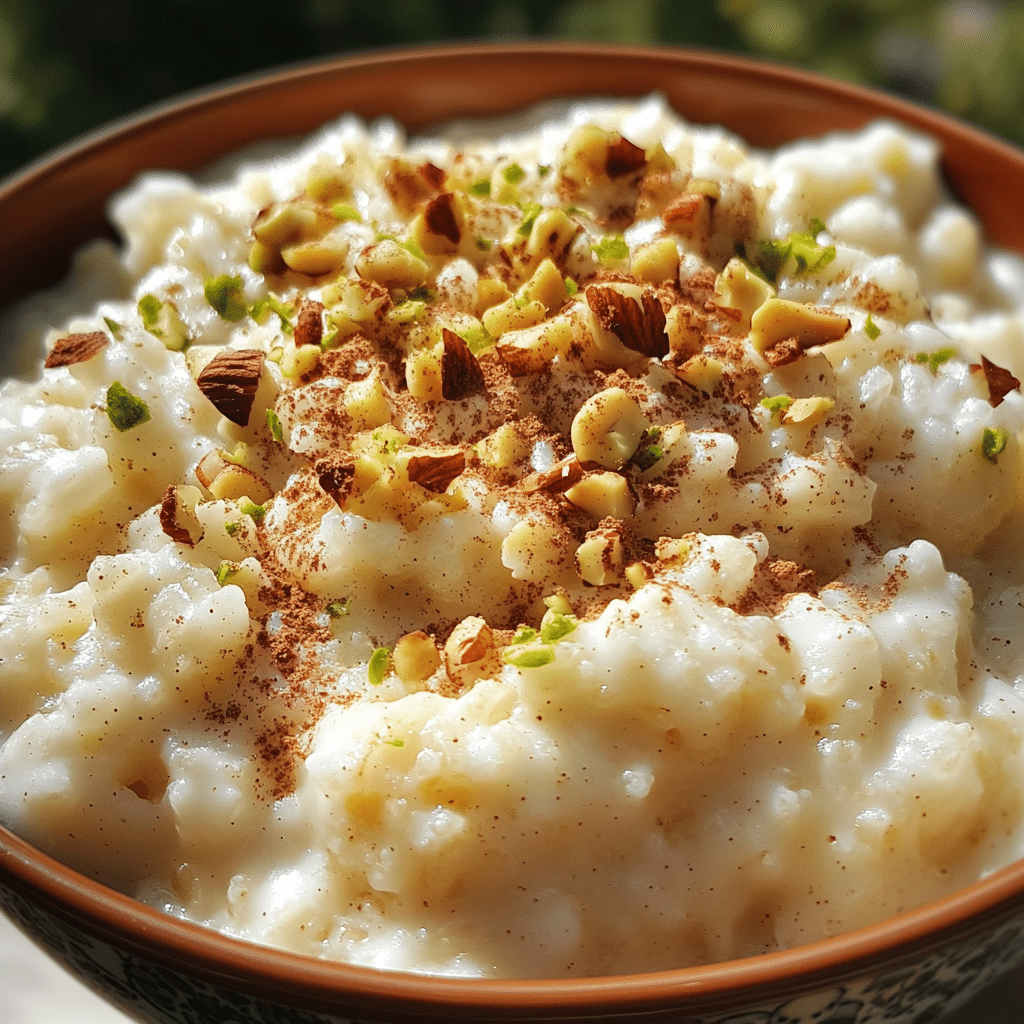 Close-up of rice pudding topped with cinnamon and nuts, a comforting dessert