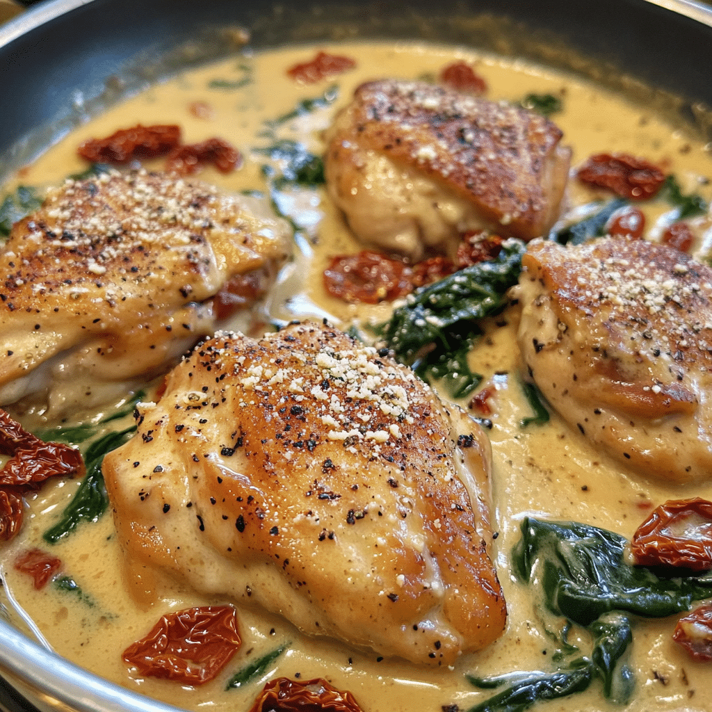 creamy tuscan garlic chicken in a skillet with sun dried tomatoes and spinach