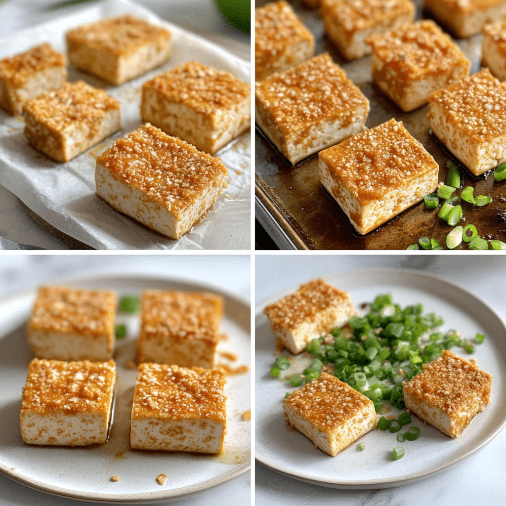 Crispy baked tofu served with roasted vegetables and a sesame topping