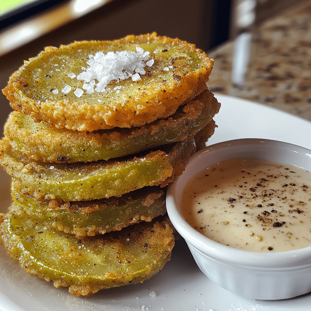 crispy fried green tomato slices on a plate with dipping sauce