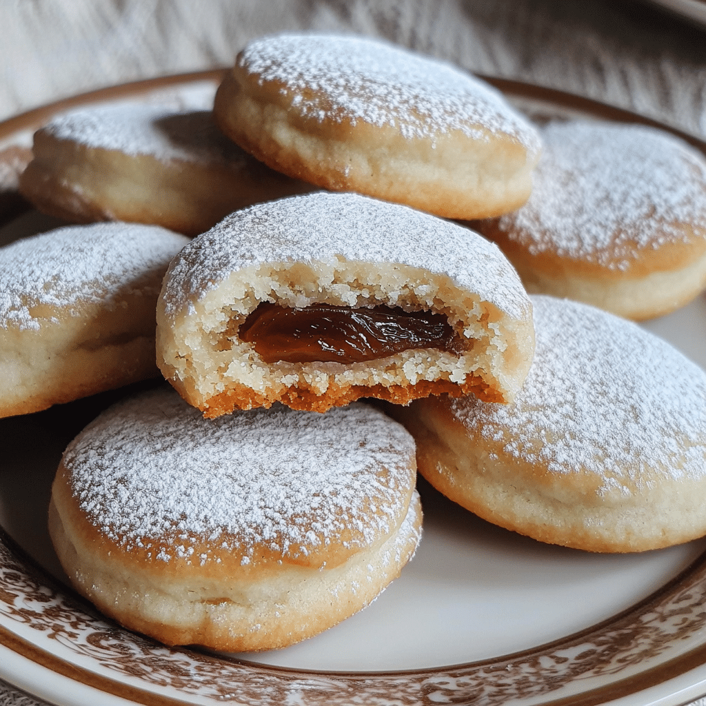 Close-up of date cookies, golden and filled with date paste, dusted with powdered sugar