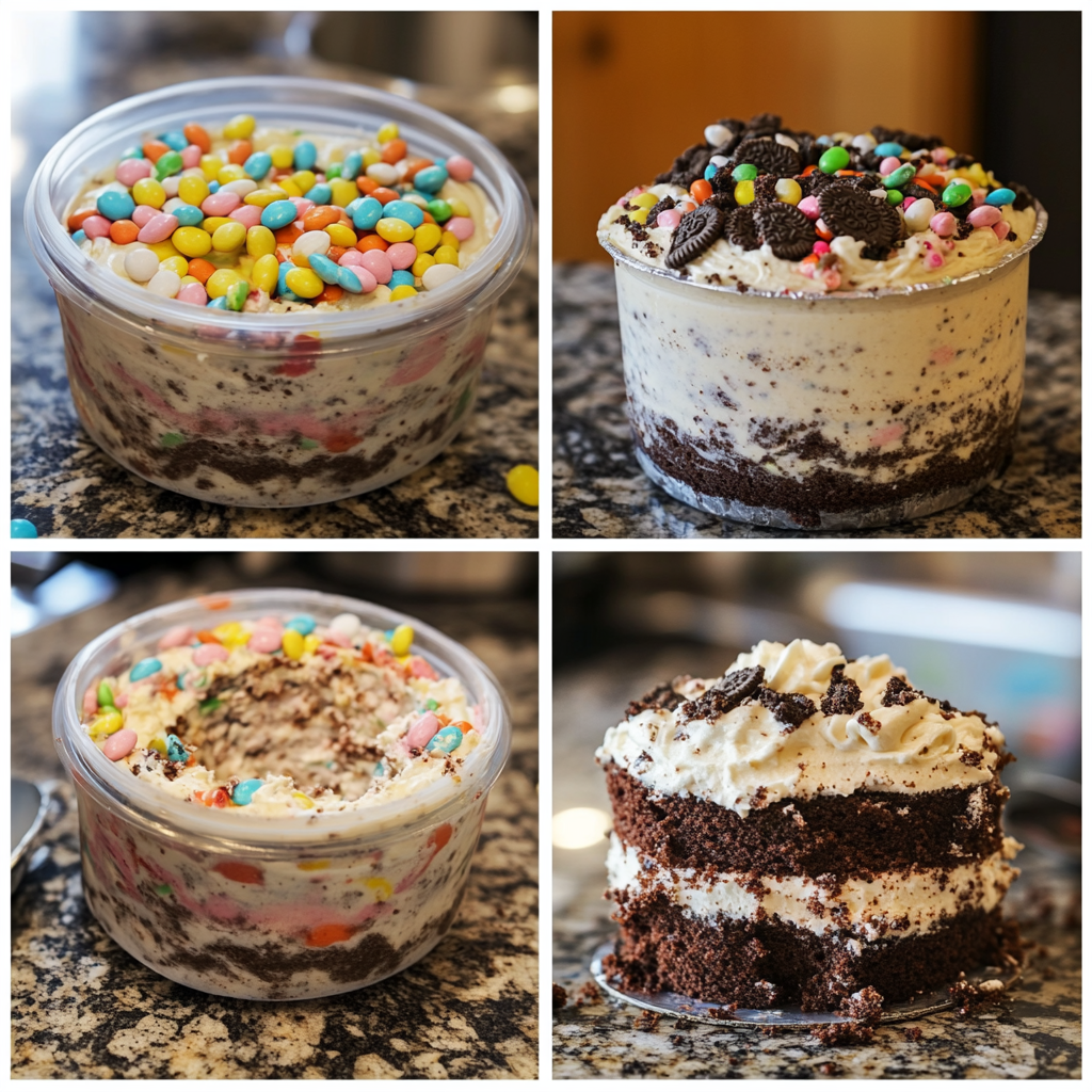 Four-panel collage showing the steps of making Easter dirt cake