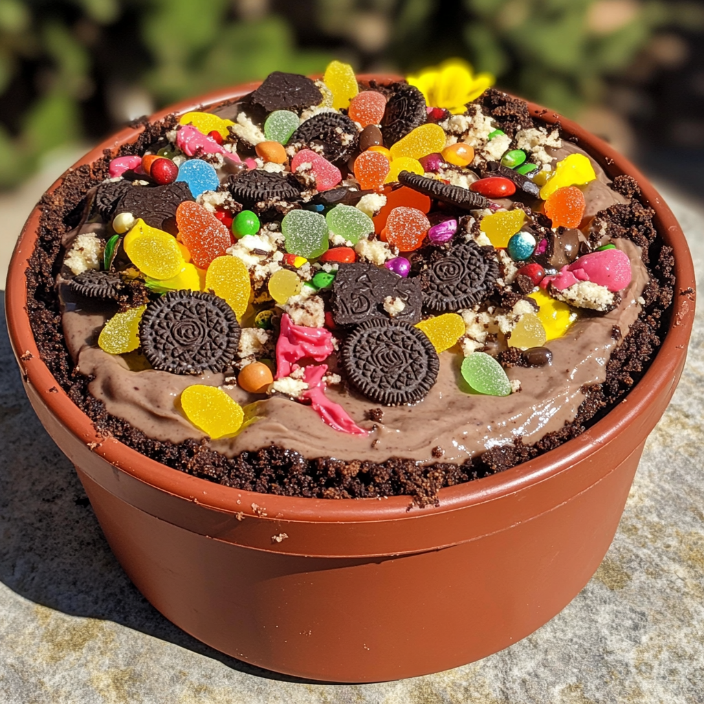 Close-up of Easter dirt cake with chocolate pudding, crushed Oreos, and gummy worms