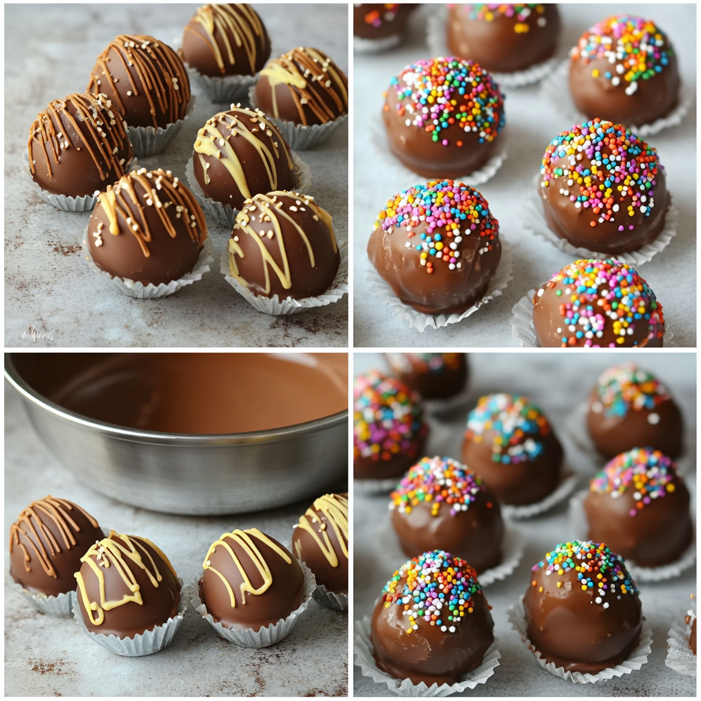 Four-panel collage showing the steps of making Easter egg truffles