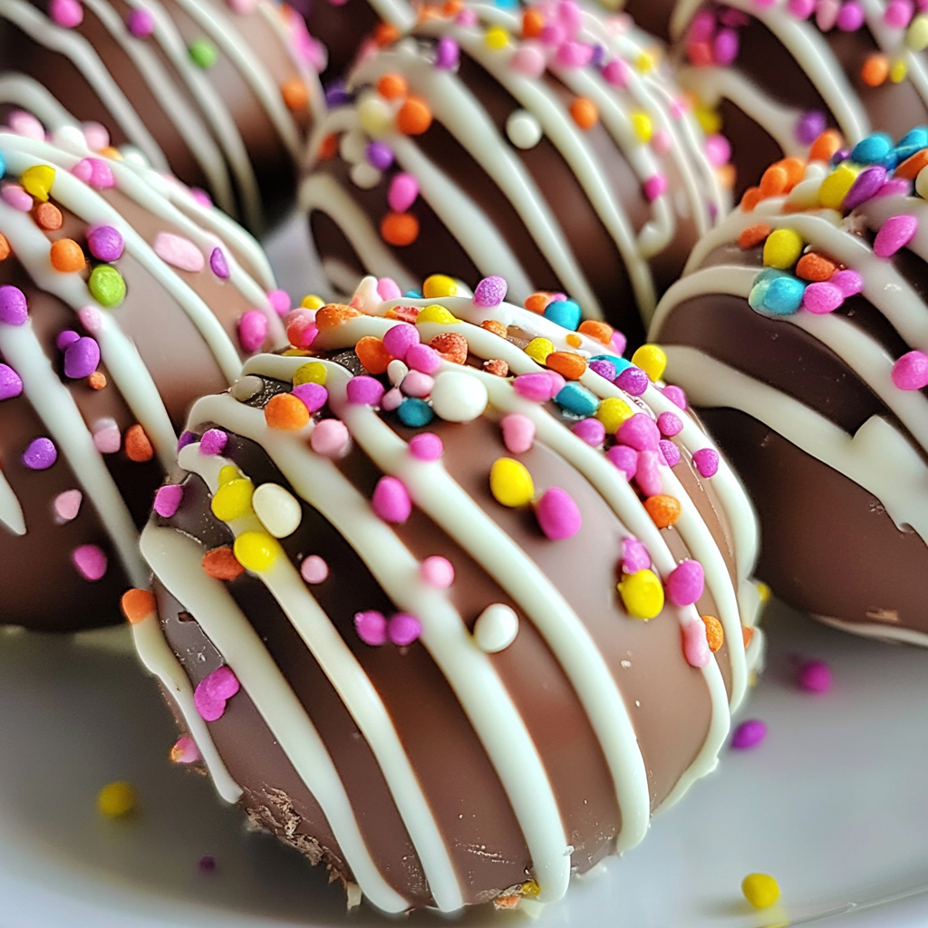 Close-up of Easter egg truffles with sprinkles and a white chocolate drizzle