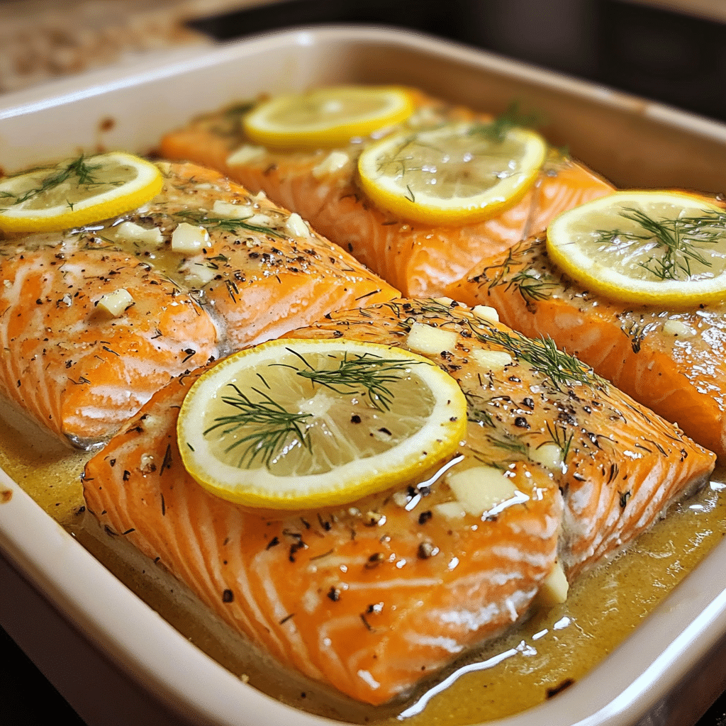 baked salmon in a dish with lemon slices dill and buttery glaze