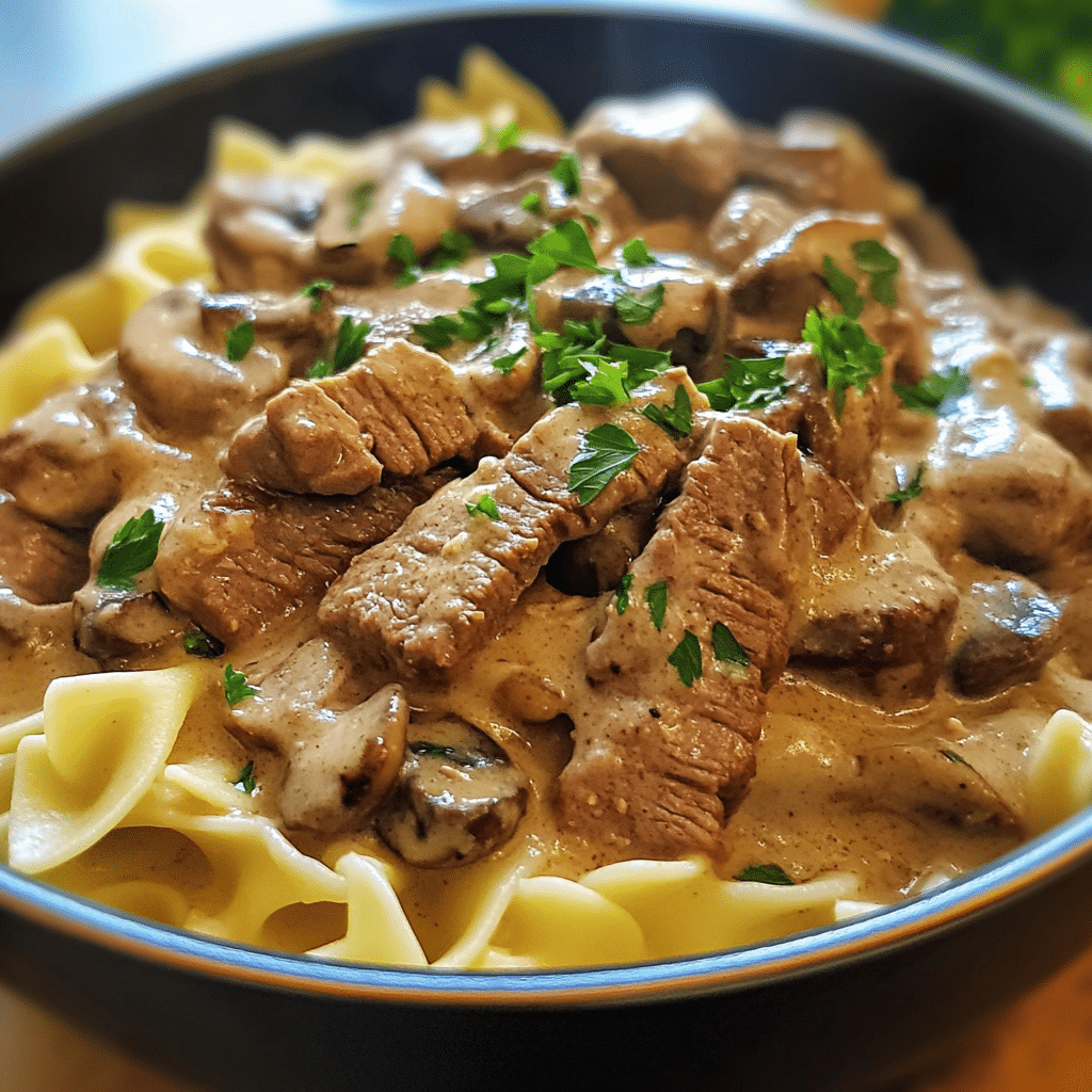 beef stroganoff with mushrooms in creamy sauce over egg noodles