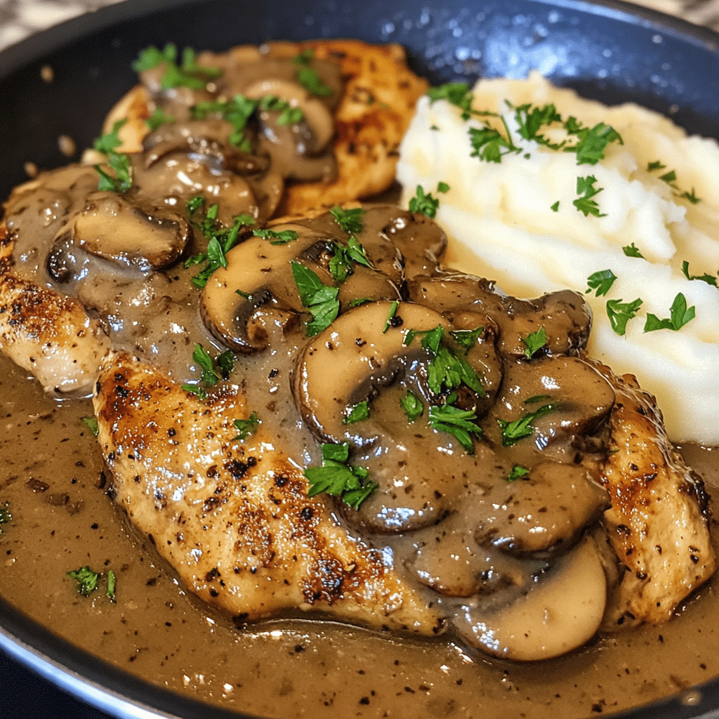 chicken marsala style chicken cutlets in mushroom sauce in a skillet