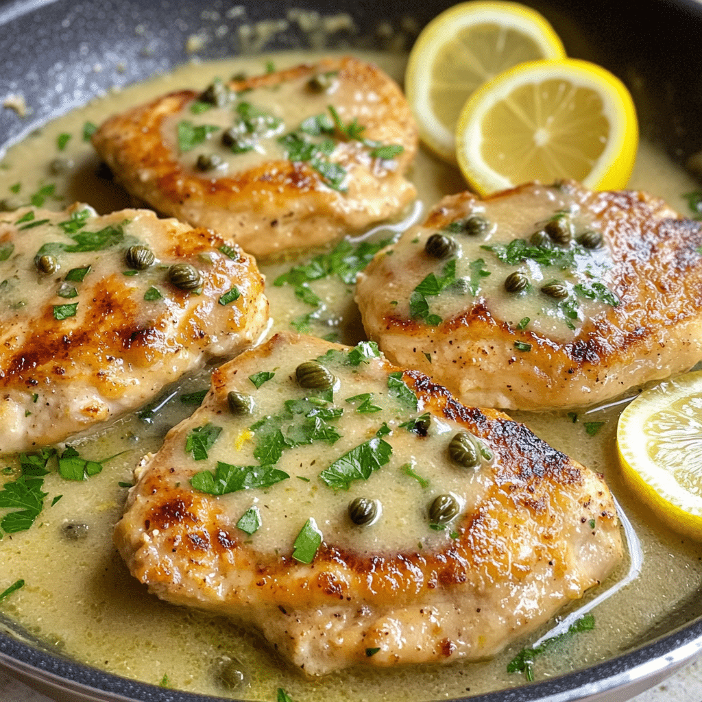 chicken piccata in a skillet with lemon caper sauce and parsley