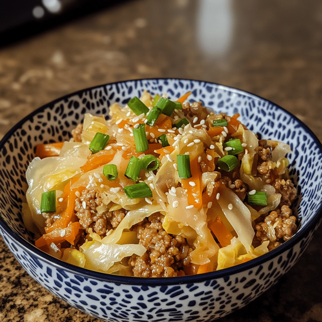 egg roll in a bowl with ground turkey cabbage carrots and sesame seeds