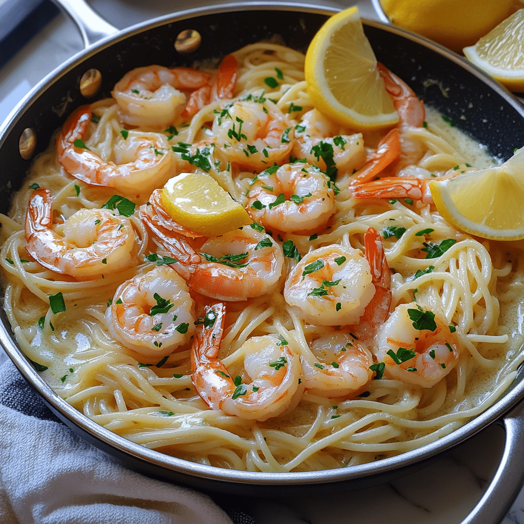 shrimp scampi in a skillet with garlic lemon butter sauce and parsley