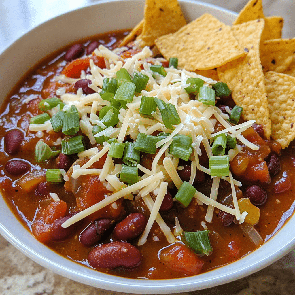 bowl of vegetarian chili with beans topped with shredded cheese and green onions
