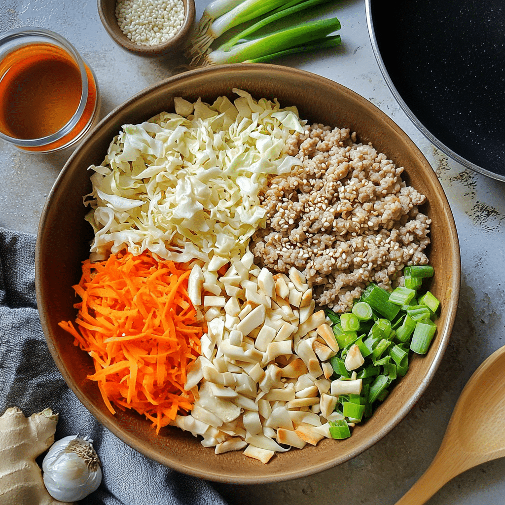 ingredients for egg roll in a bowl including ground turkey cabbage carrots soy sauce garlic ginger and sesame oil