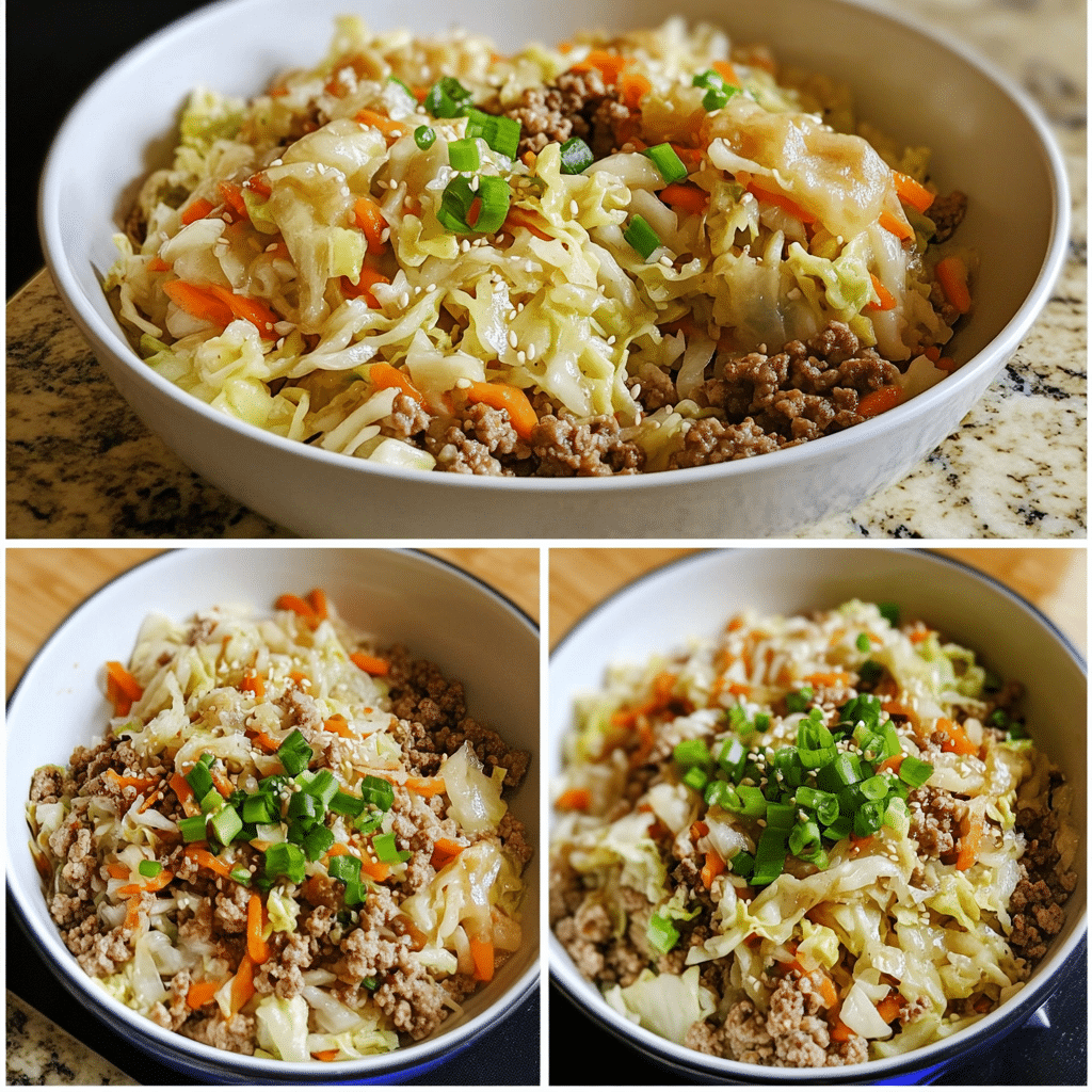 four panel collage showing steps to make egg roll in a bowl