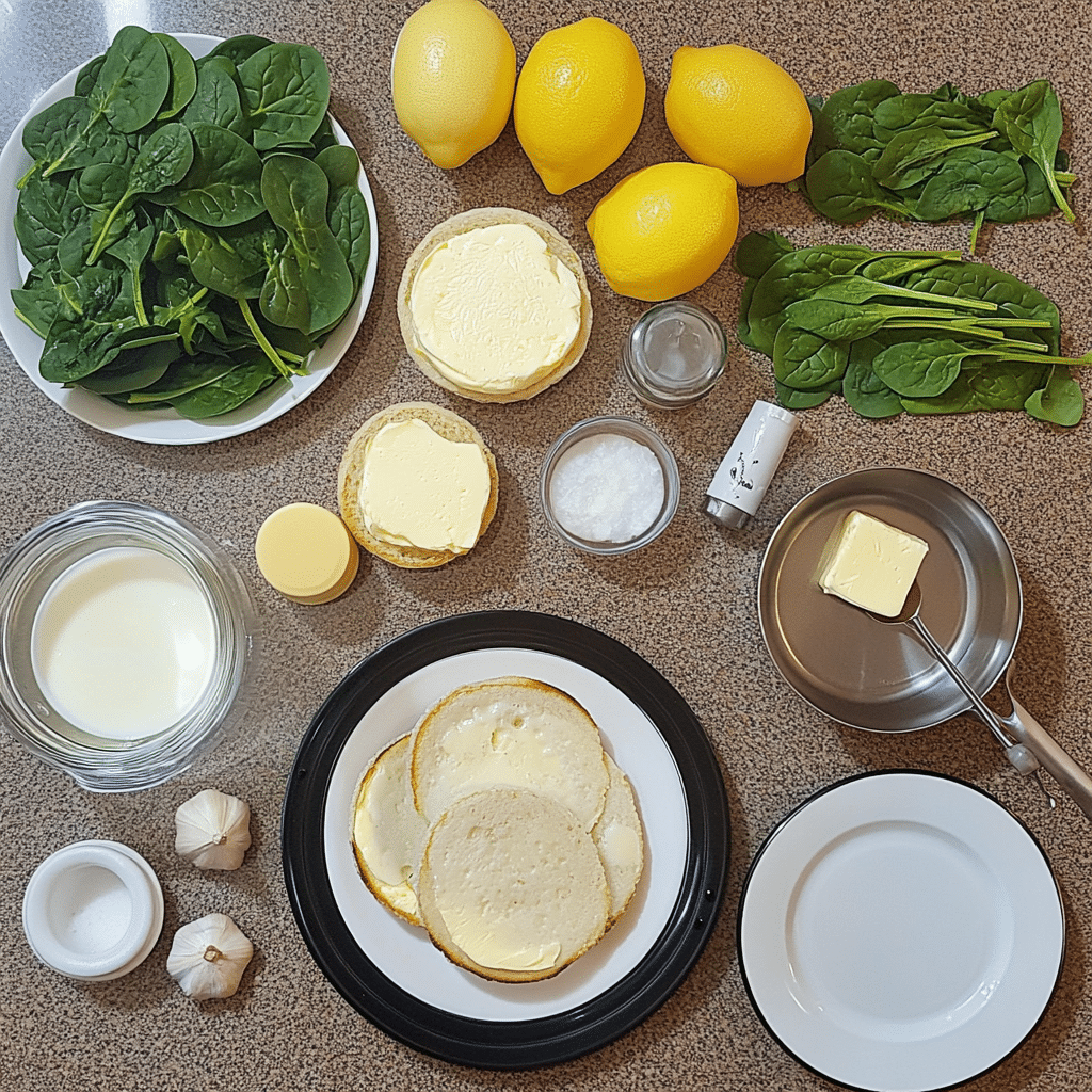 ingredients for eggs florentine including eggs spinach english muffins butter lemon and seasonings