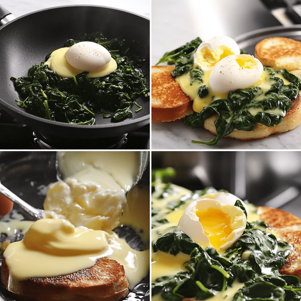 four panel collage showing how to make eggs florentine