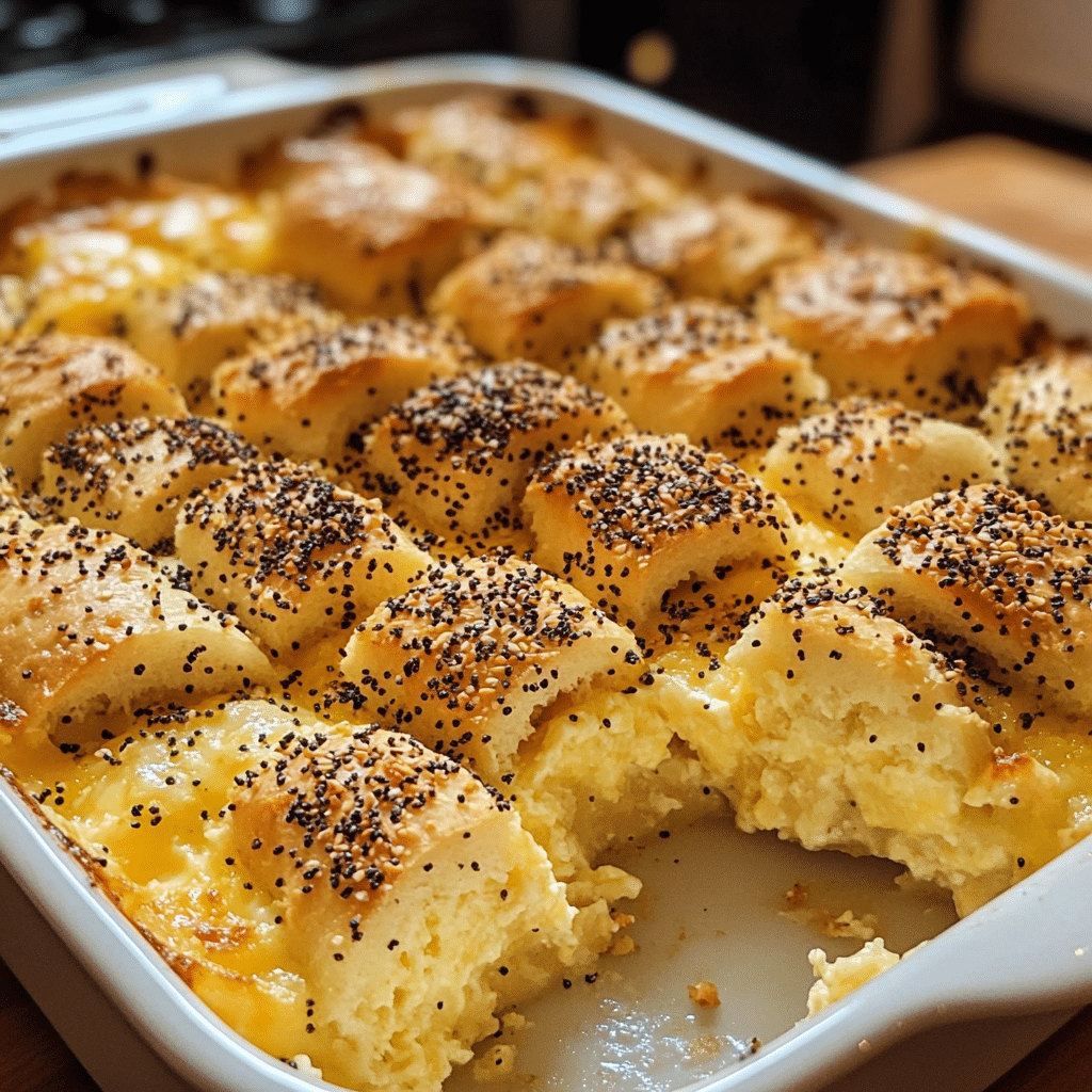 everything bagel breakfast casserole with toasted bagel cubes and egg custard