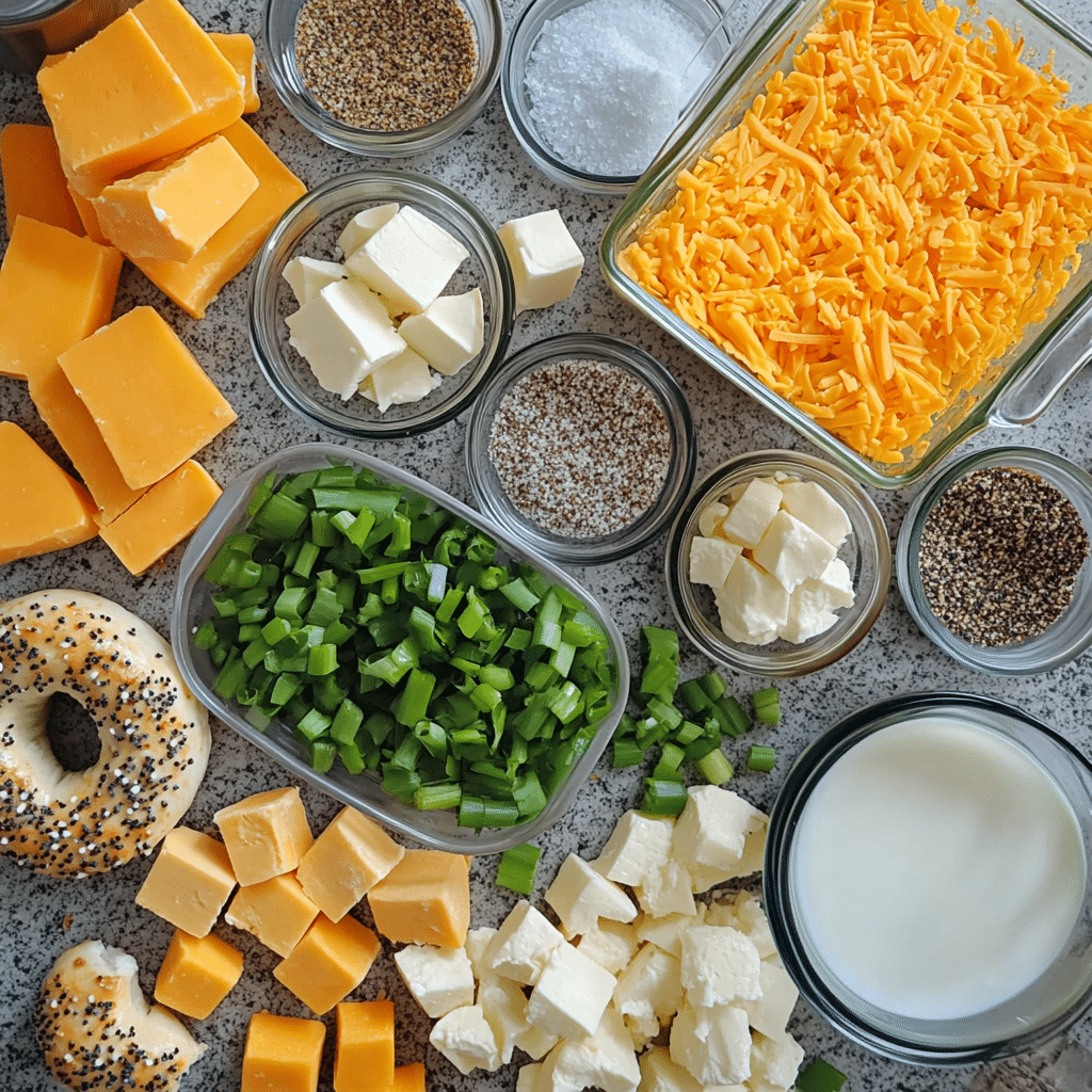 ingredients for everything bagel casserole including bagels eggs milk cream cheese cheddar and everything seasoning