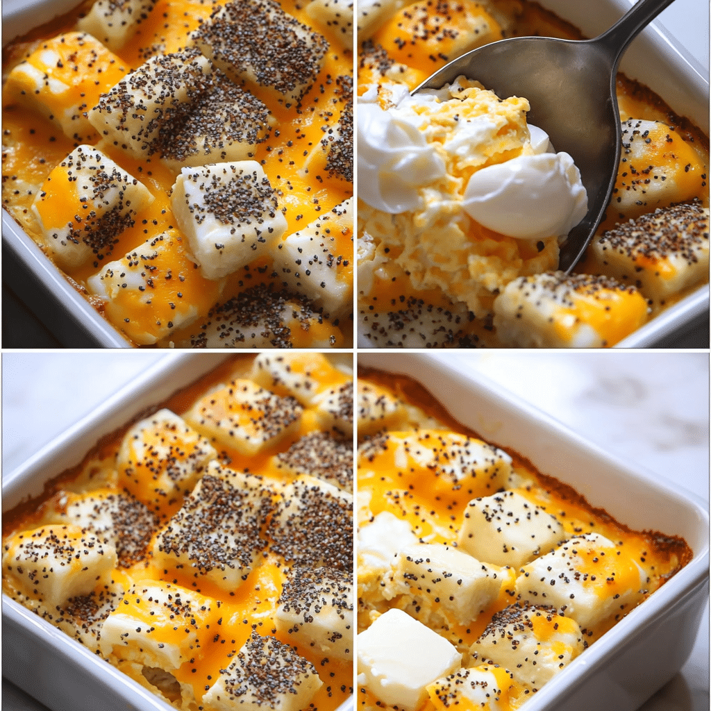 four panel collage showing steps to make everything bagel breakfast casserole