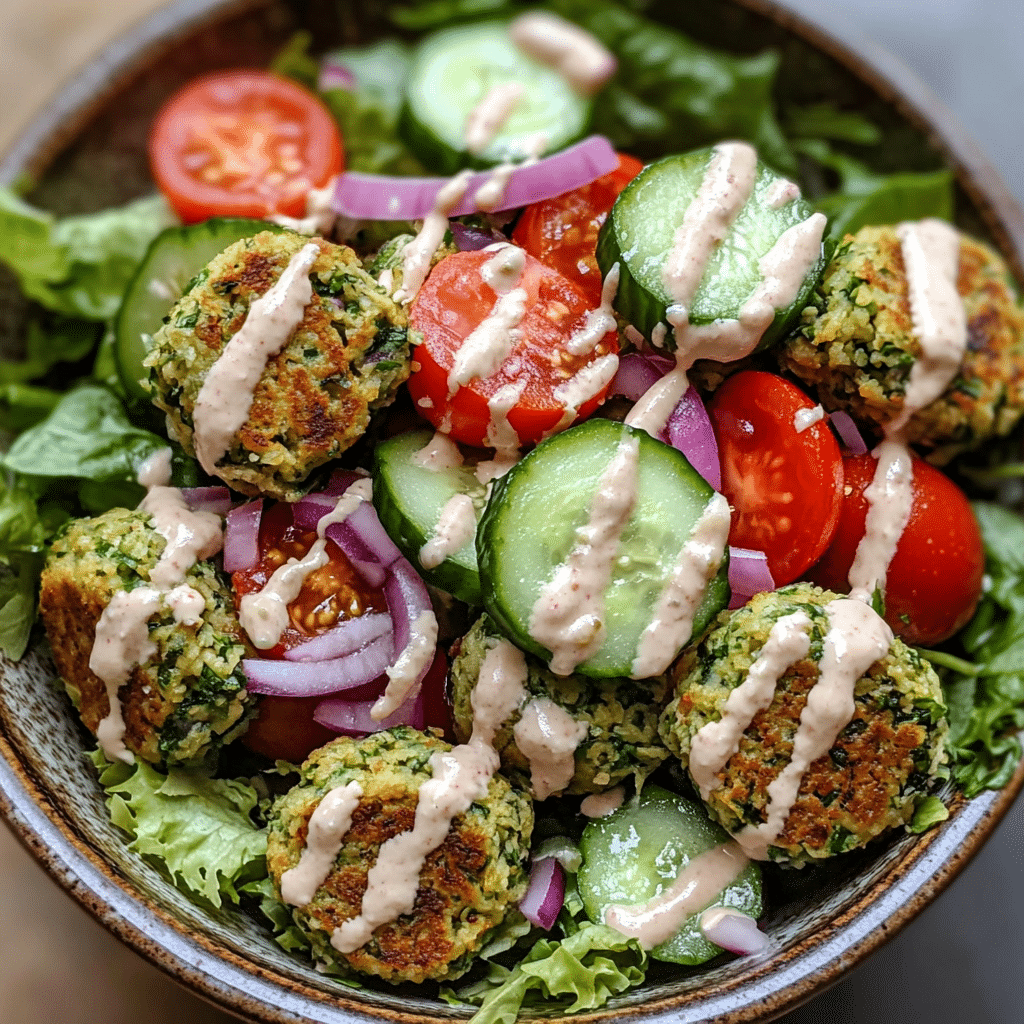Falafel salad bowl with crispy falafel, tomatoes, cucumber, red onion, and tahini drizzle