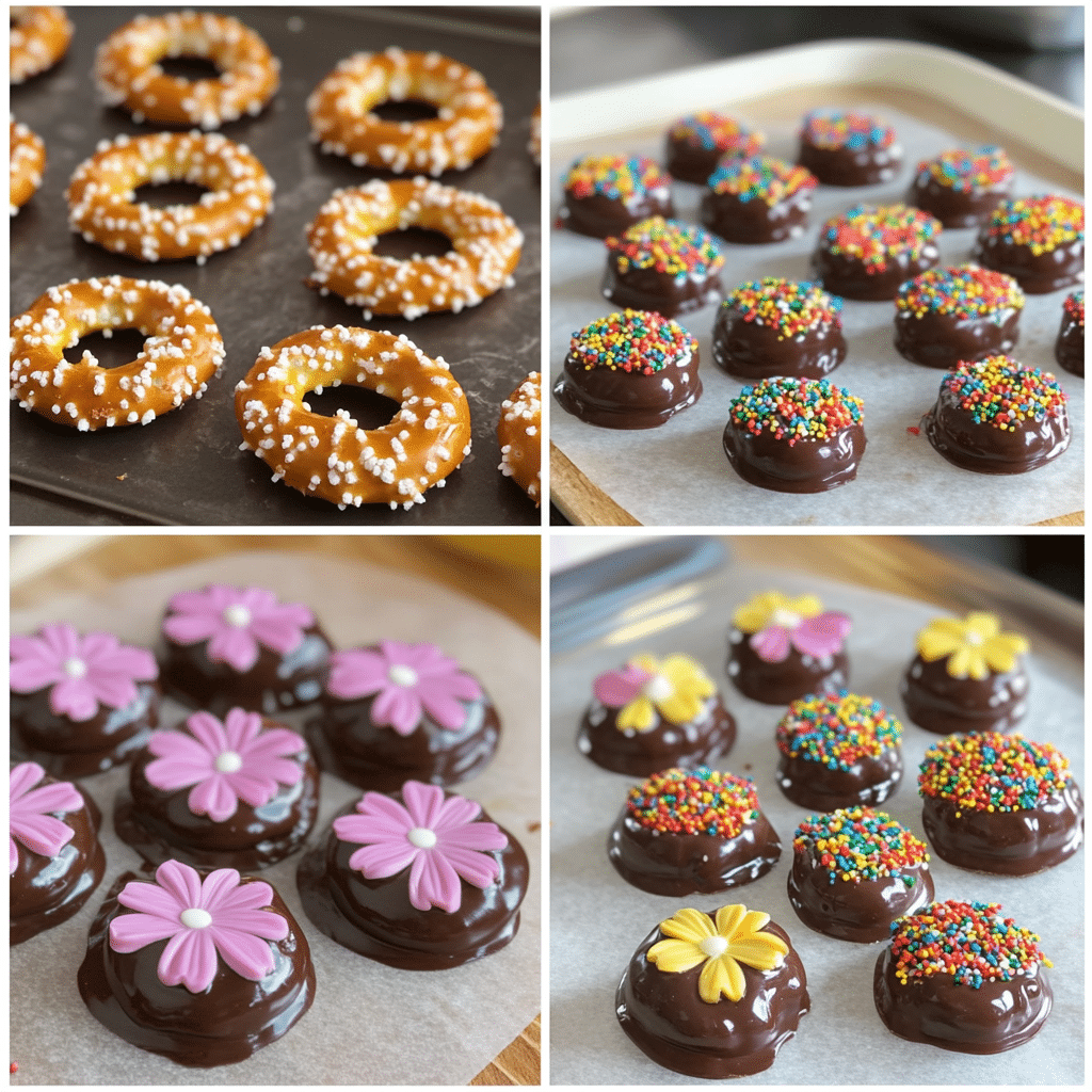 Four-panel collage showing the process of making flower pretzel bites