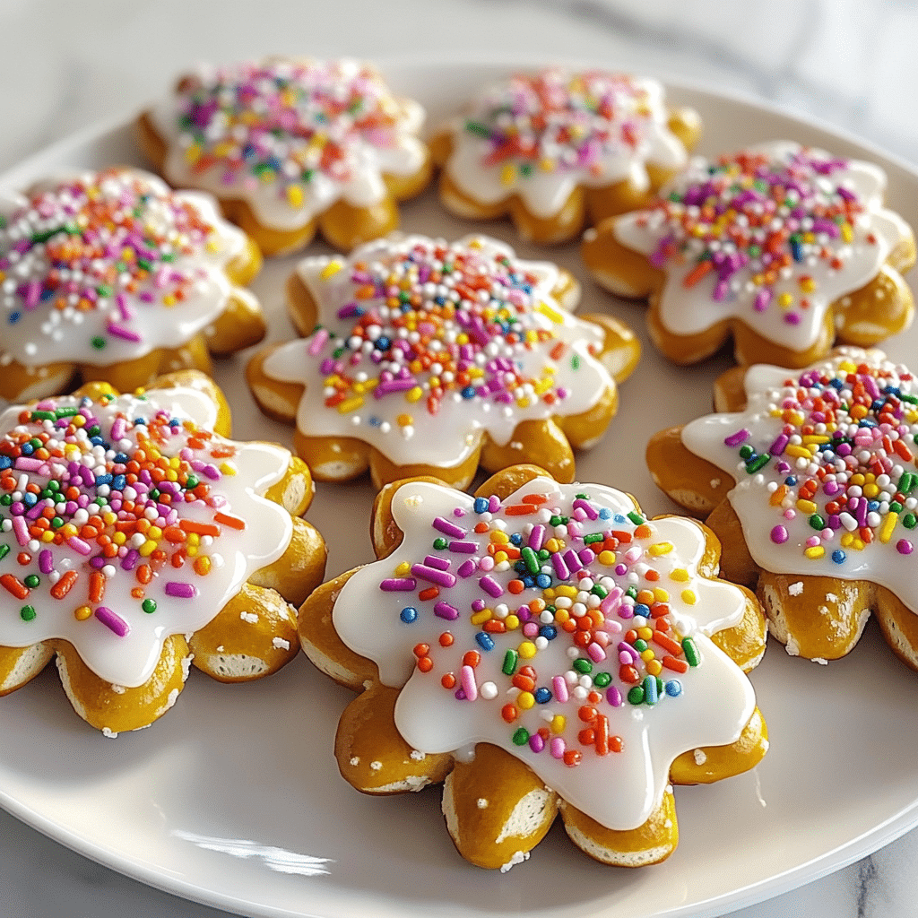 Close-up of flower pretzel bites with colorful sprinkles on top